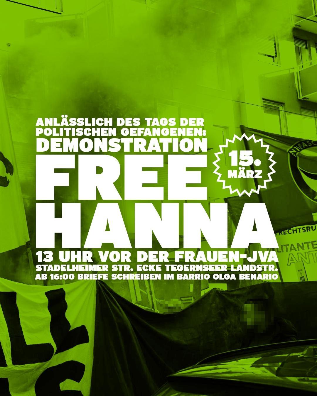 FREE HANNA! FREE ALL ANTIFAS! Demonstration vorm Knast und Soli-Nachmittag im Barrio Olga Benario